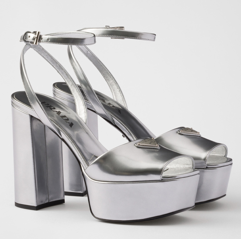 Prada 115mm Silver Metallic Platform Sandal Ankle Strap Block Heel Pump 41